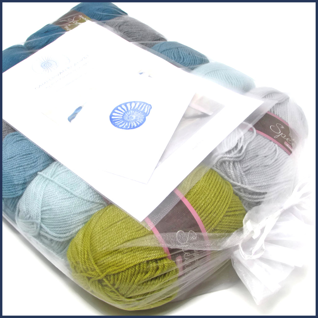 yarn kit in an organza bag