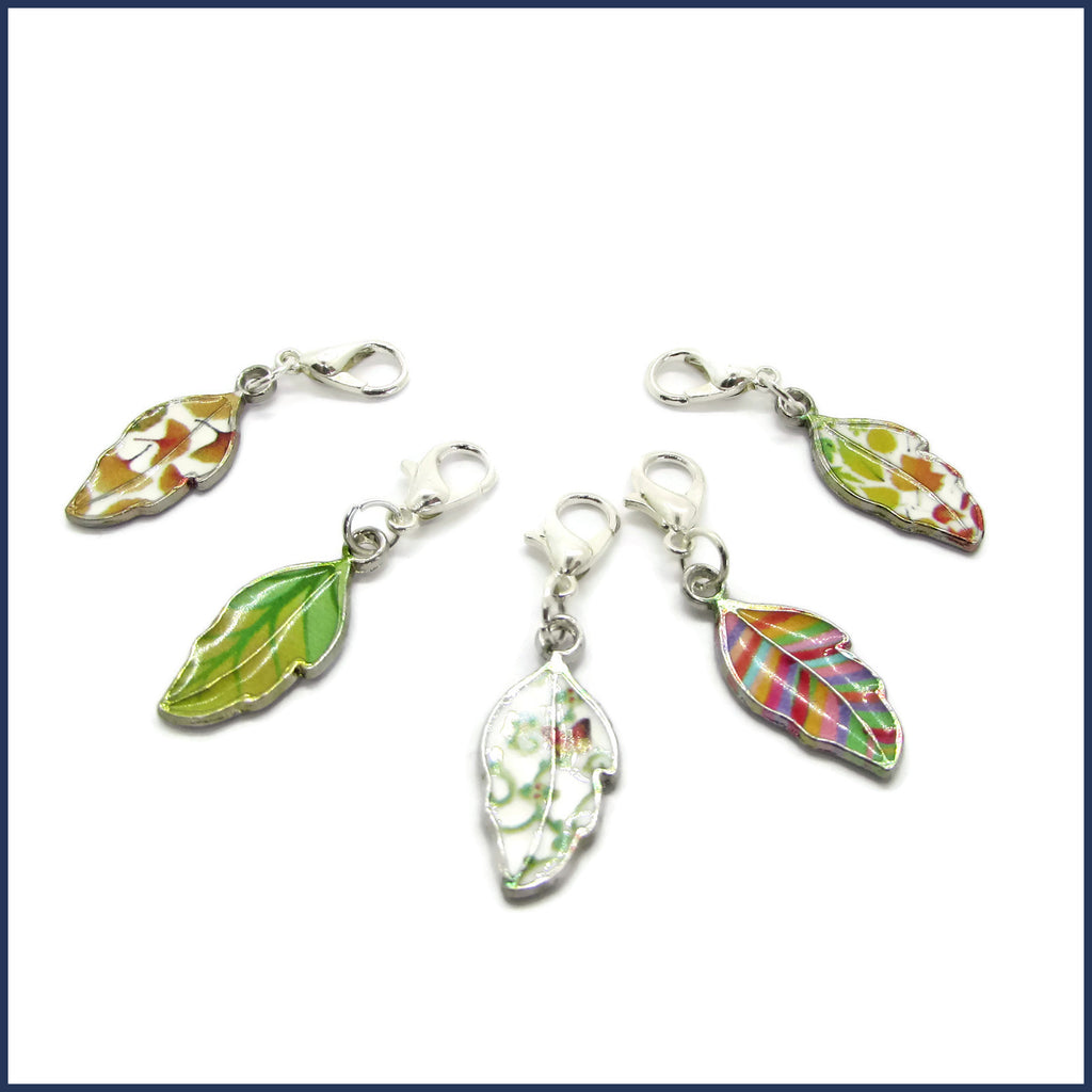 five colourful enamel leaf stitch markers