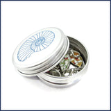 leaf stitch markers in ammonite tin
