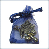 sweater knitting badge pin in a blue organza bag