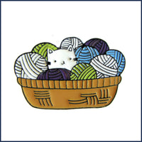 kitten in a basket of yarn badge pin