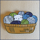 kitten in a basket of yarn badge pin on canvas