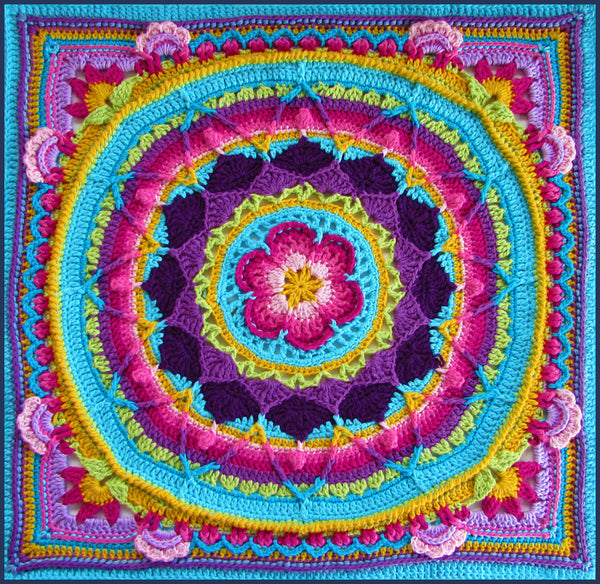 crochet card with Sophie's Garden motif