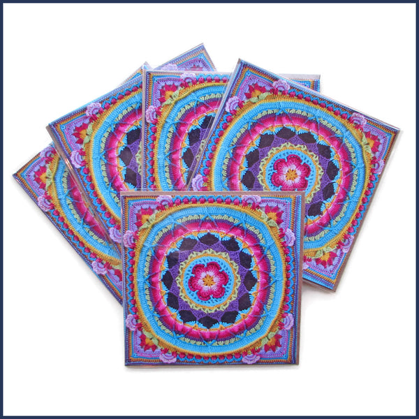five crochet themed cards with Sophie's Garden motif